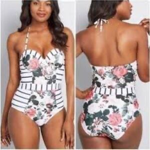 Modcloth White and Pink Floral One Piece Swimsuit
